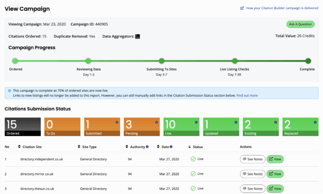 BrightLocal's Citation Builder Dashboard