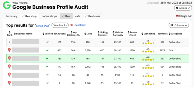 Screenshot of GBP Audit Dashboard comparing top ranking GBPs